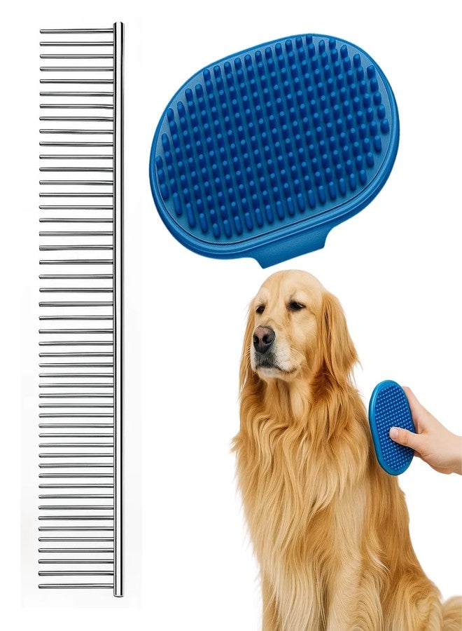 Sage Square Full Steel Grooming Comb & Palm Bath Massage Comb for Dogs & Cats | Dual Pet Grooming Set for Shedding, Detangling, Bathing & Massaging | Gentle on Skin, Removes Loose Hair, Dirt & Tangles - Image 1